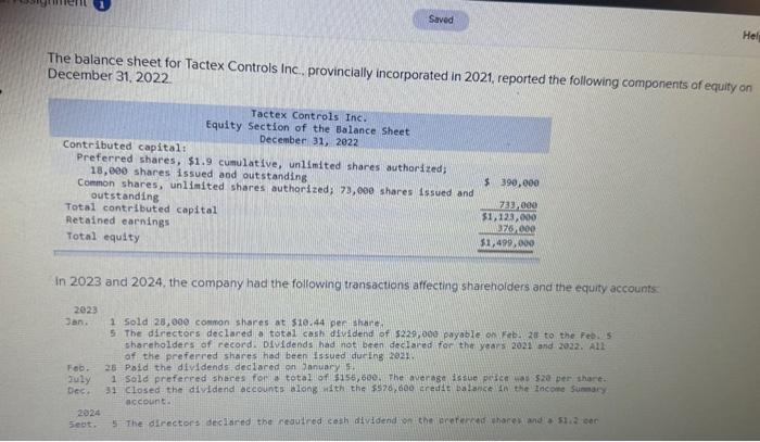answer all the boxes The balance sheet for Tactex Controls Inc., provinclally