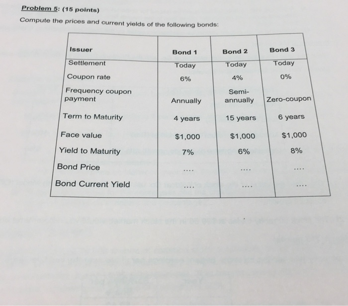  Problem 5: (15 points) Compute the prices and current yields of