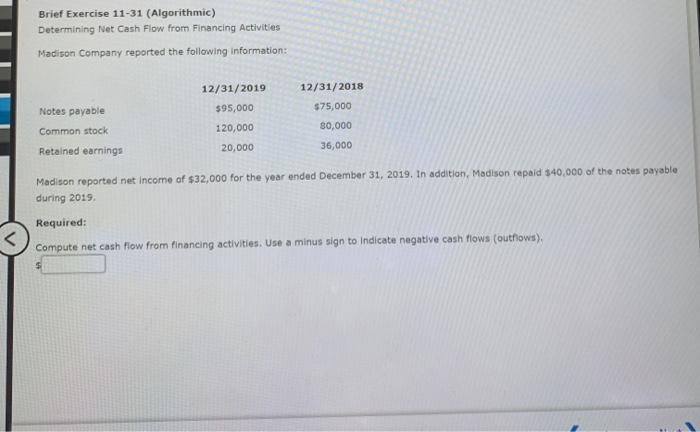 Brief Exercise 11-31 (Algorithmic) Determining Net Cash Flow from Financing Activities