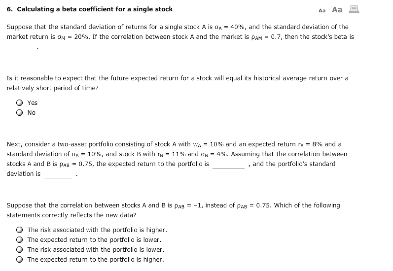 6. Calculating a beta coefficient for a single stock Aa Aa