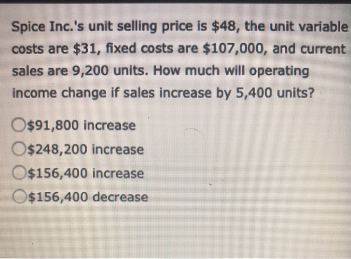  Spice Inc.'s unit selling price is $48, the unit variable costs