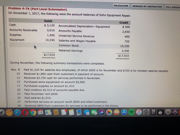  CALCULATOR HESSAGE MY INSTRUCTOR FULL SCREEN Problem 4-7A (Part Level Submission)