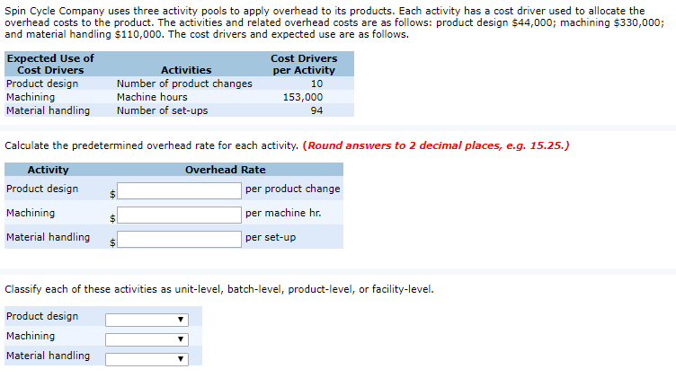 Spin Cycle Company uses three activity pools to apply overhead to