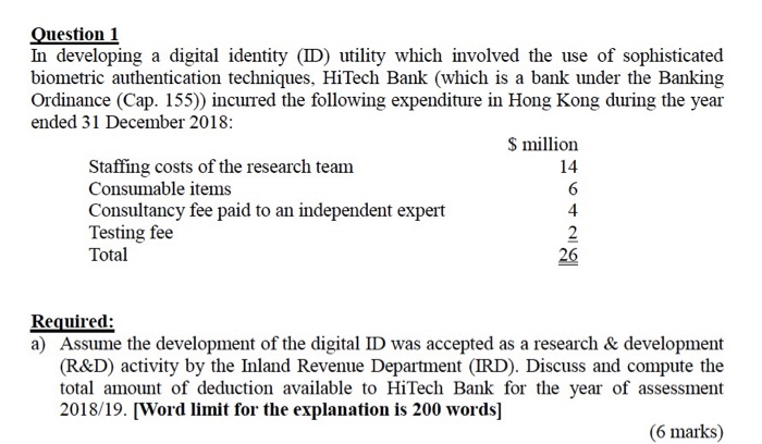  Question 1 In developing a digital identity (ID) utility which involved