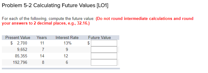  Problem 5-2 Calculating Future Values [Lo1] For each of the following,