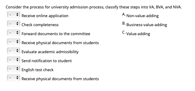  Consider the process for university admission process, classify these steps into