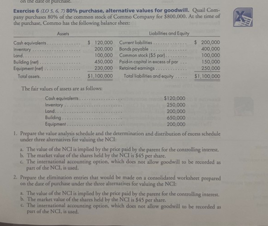  Exercise 6(LO 5,6,7)80% purchase, alternative values for goodwill. Quail Com- pany
