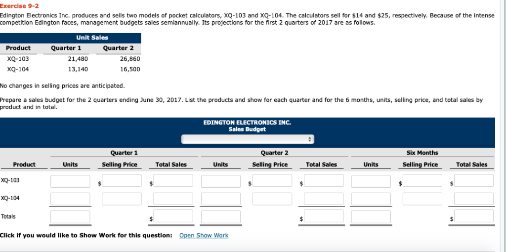 Exercise 9-2 Edington Electronics Inc. produces and sells two models of