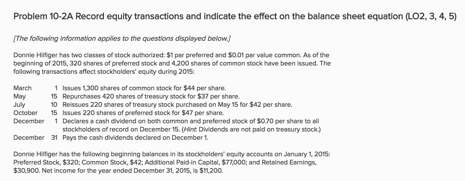  Problem 10-2A Record equity transactions and indicate the effect on the
