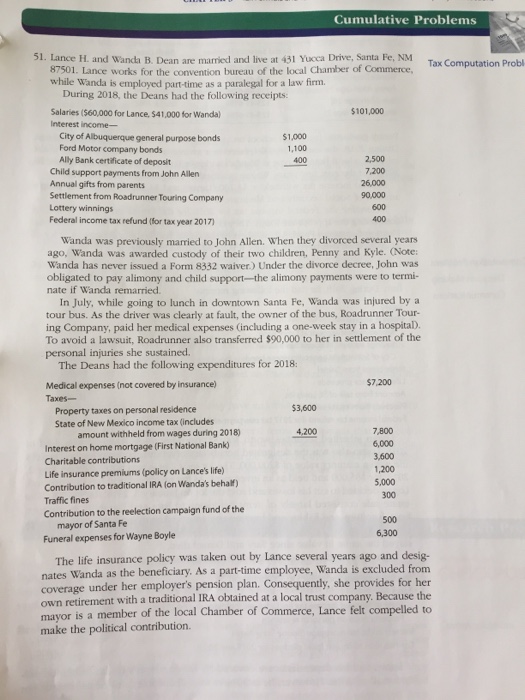  Cumulative Problems 51. Lance H. and Wanda B. Dean are married