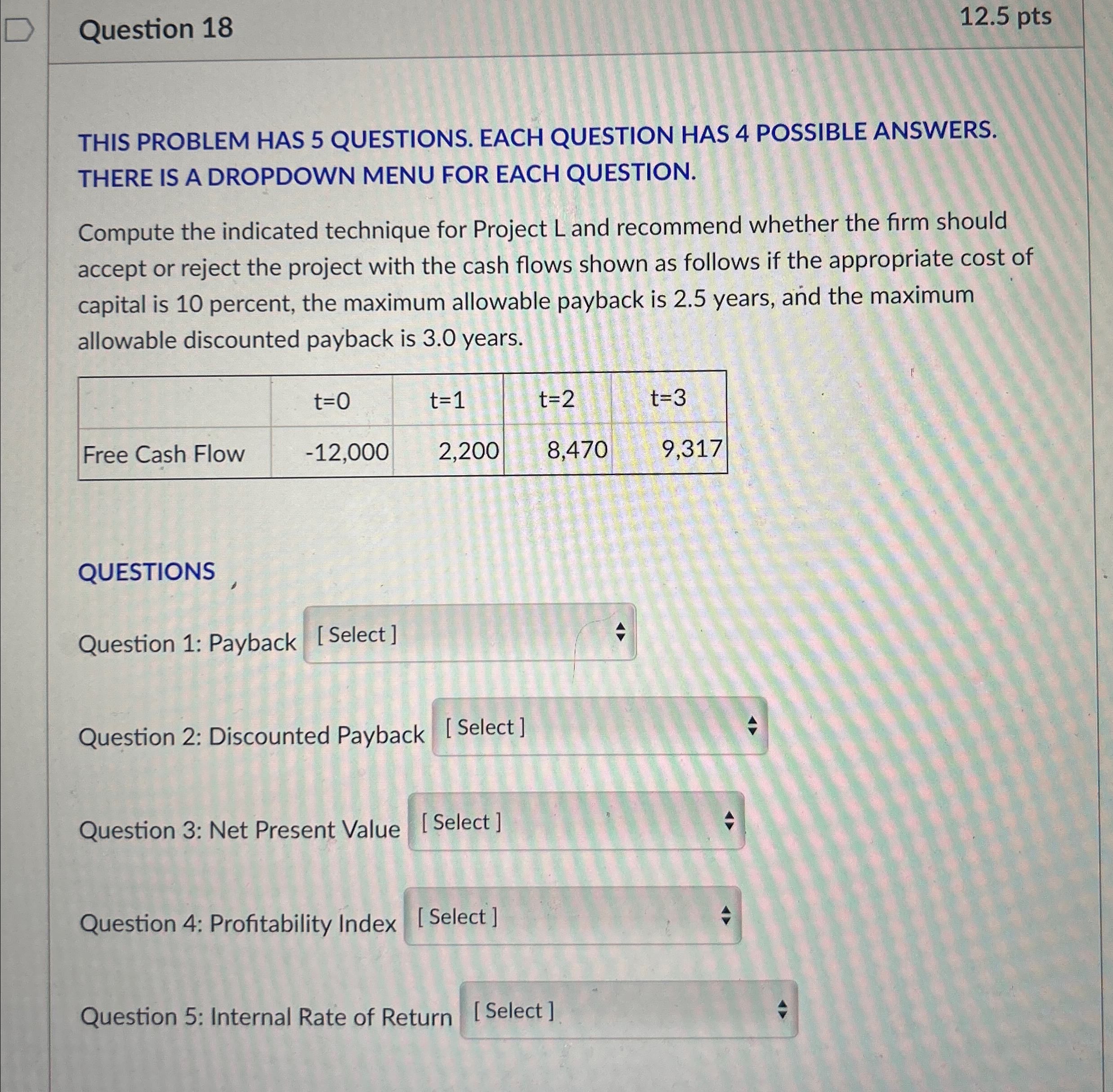  Question 18 12.5pts THIS PROBLEM HAS 5 QUESTIONS. EACH QUESTION HAS