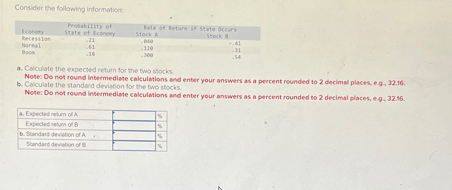  Consider the following information: \table[[,Probability of,Rate of Return if],[Economy,State of Economy,Stock