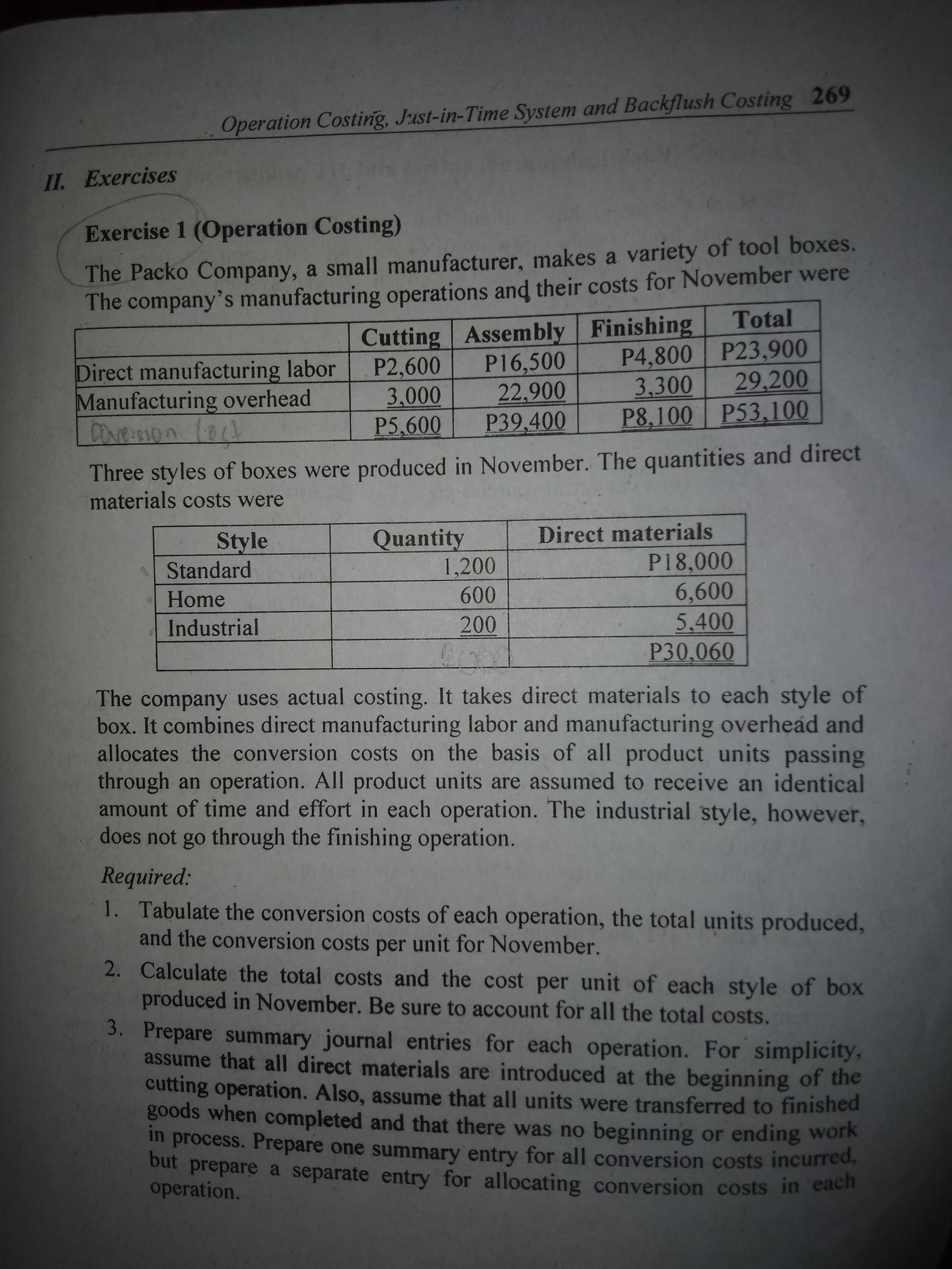 [Solved] Operation Costing, JustinTime System and Backflush Costing