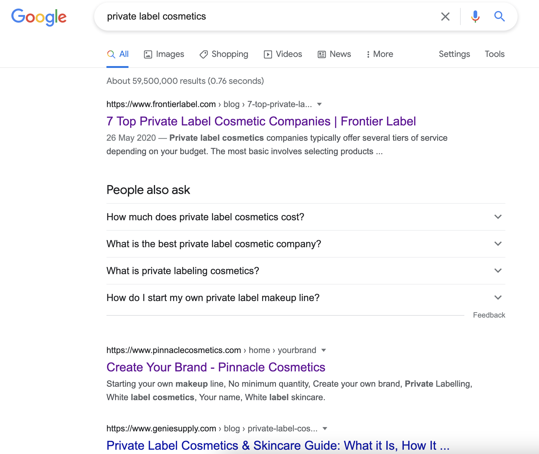 google searach for private label cosmetics