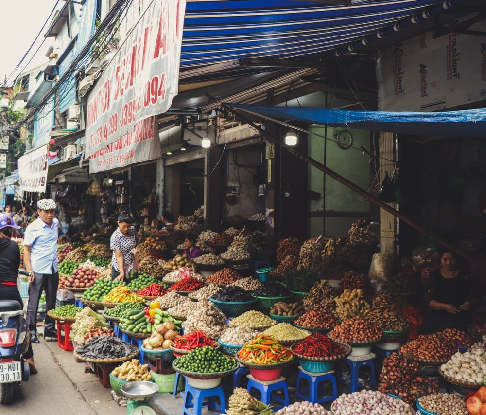 market stalls with vegetables and fruits