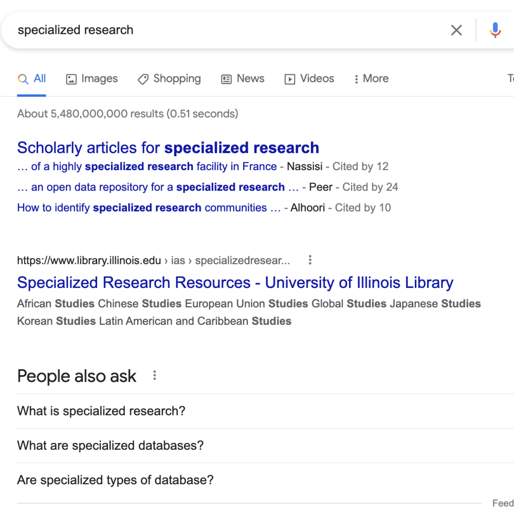 google search result about specialized research