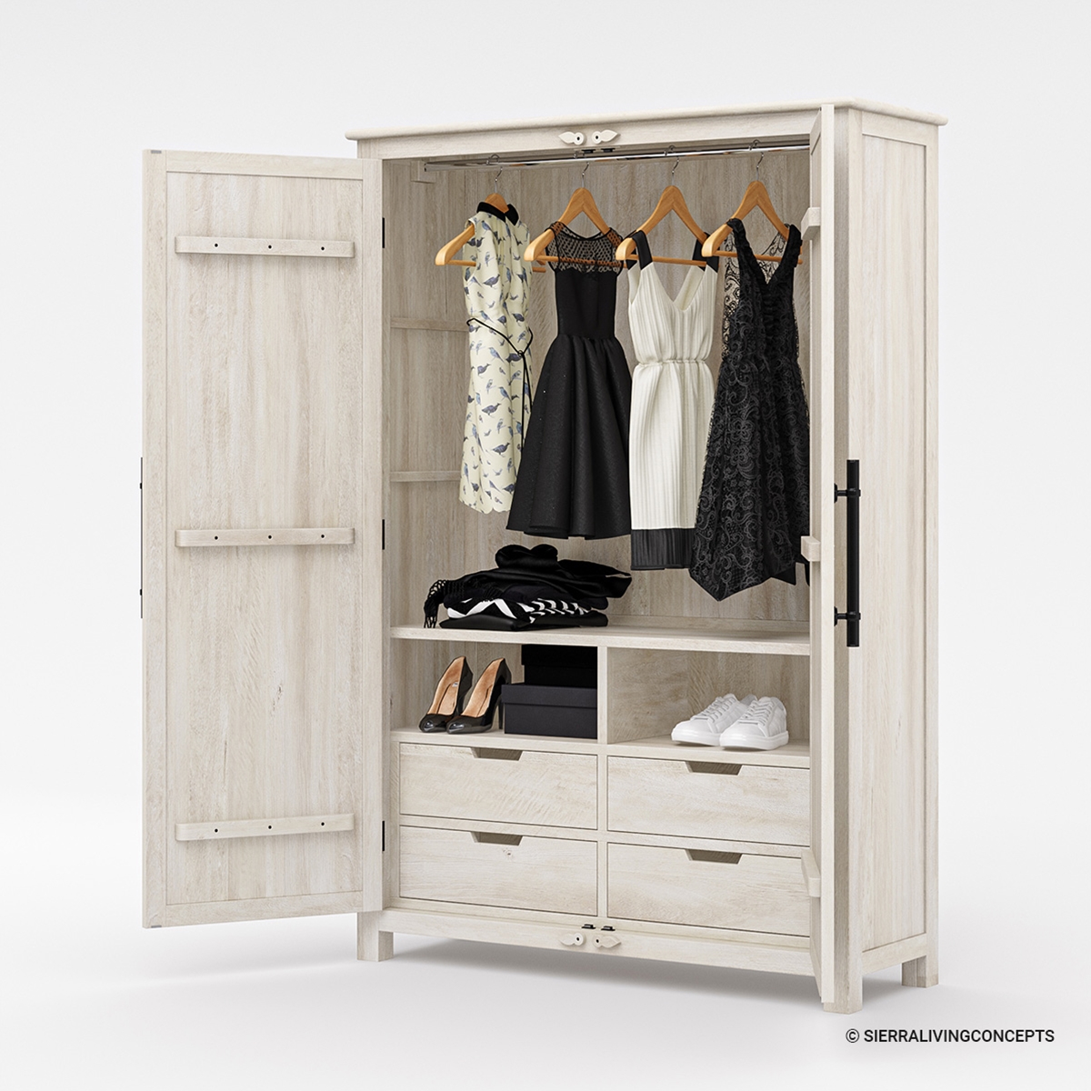 Calistoga Handcarved Weathered Solid Wood Large White Wardrobe Armoire