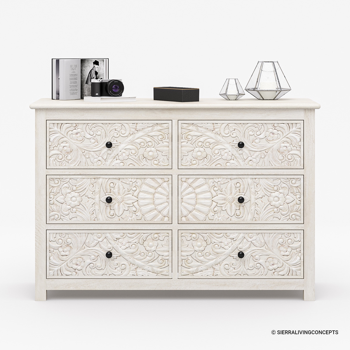 Calistoga Handcarved Solid Wood 6 Drawer White Bedroom Dresser