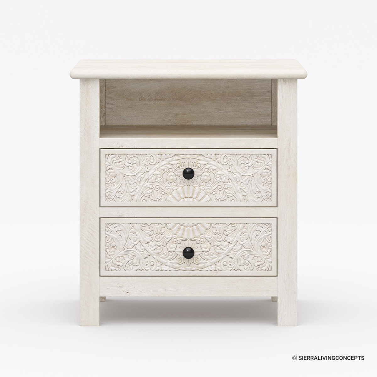 Calistoga Weathered Handcarved Solid Wood White Nightstand With Drawer