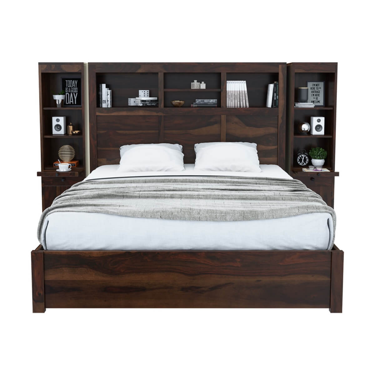 El Centro Solid Wood King Size Bookcase Headboard Storage Bed