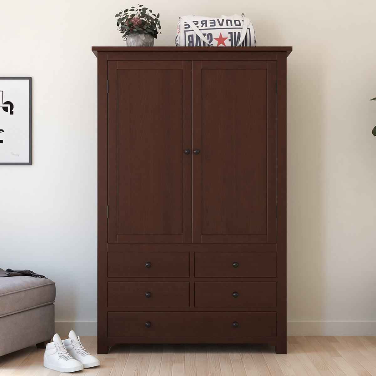 Bradenton Solid Mahogany Wood Large Clothing Armoire with 5 Drawers