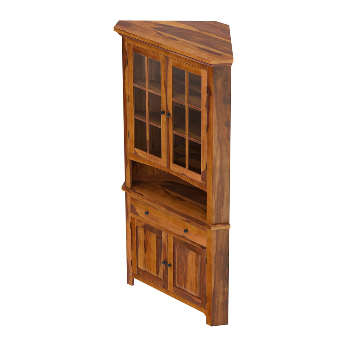 Denison Rustic Solid Wood Glass Door Corner Hutch