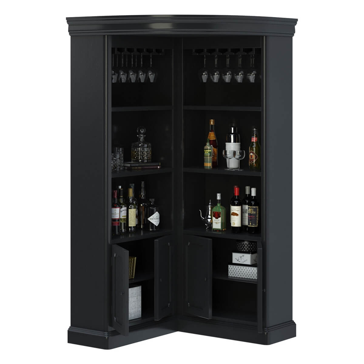 Ashon Rustic Solid Wood Tall Corner Bar With Shelves