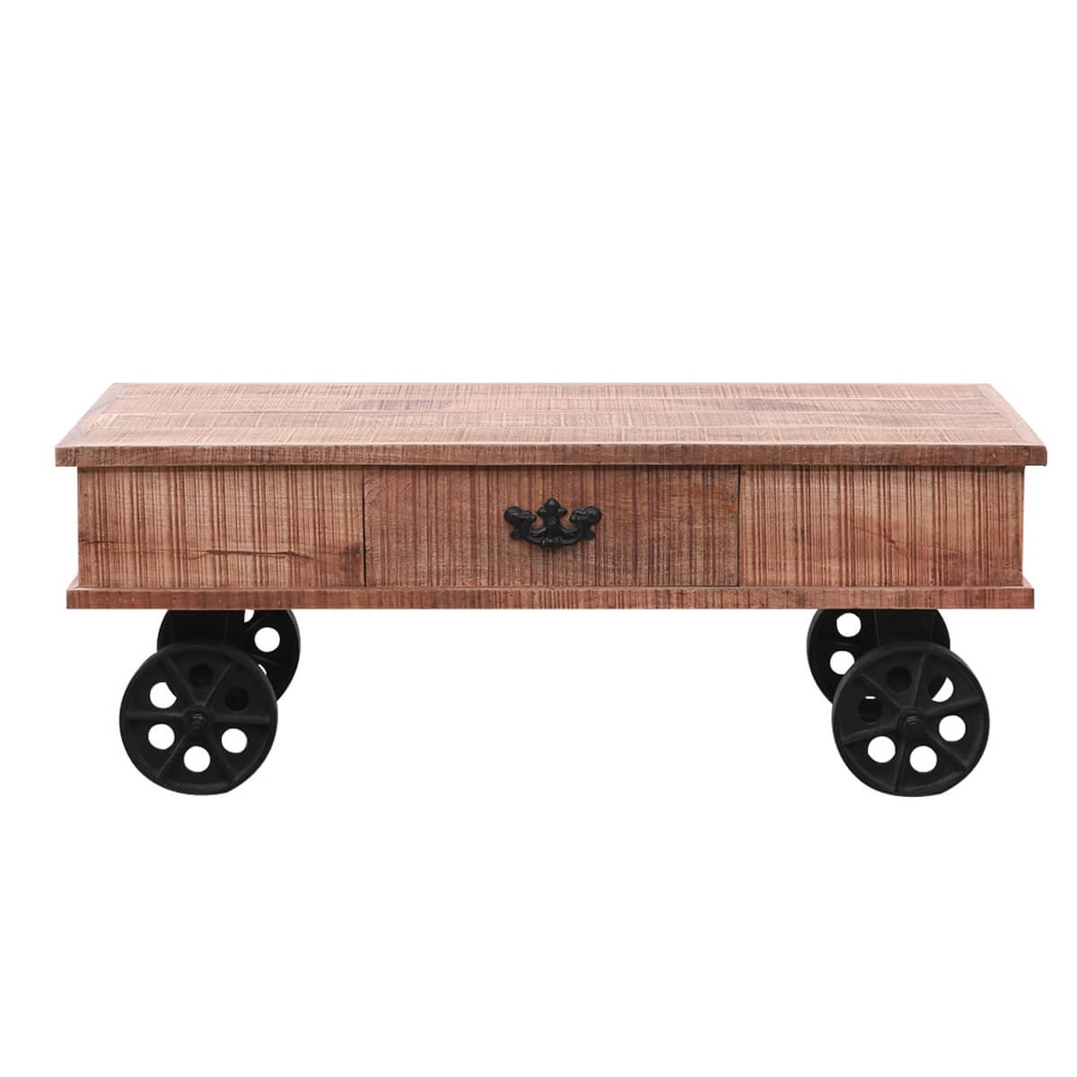 Margam Rustic Solid Wood Industrial Coffee Table With Iron Wheels