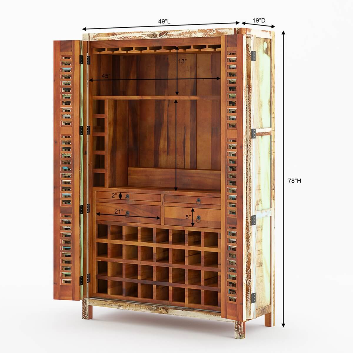 Fribourg Bohemian Reclaimed Wood Bar Armoire with ZFold Doors