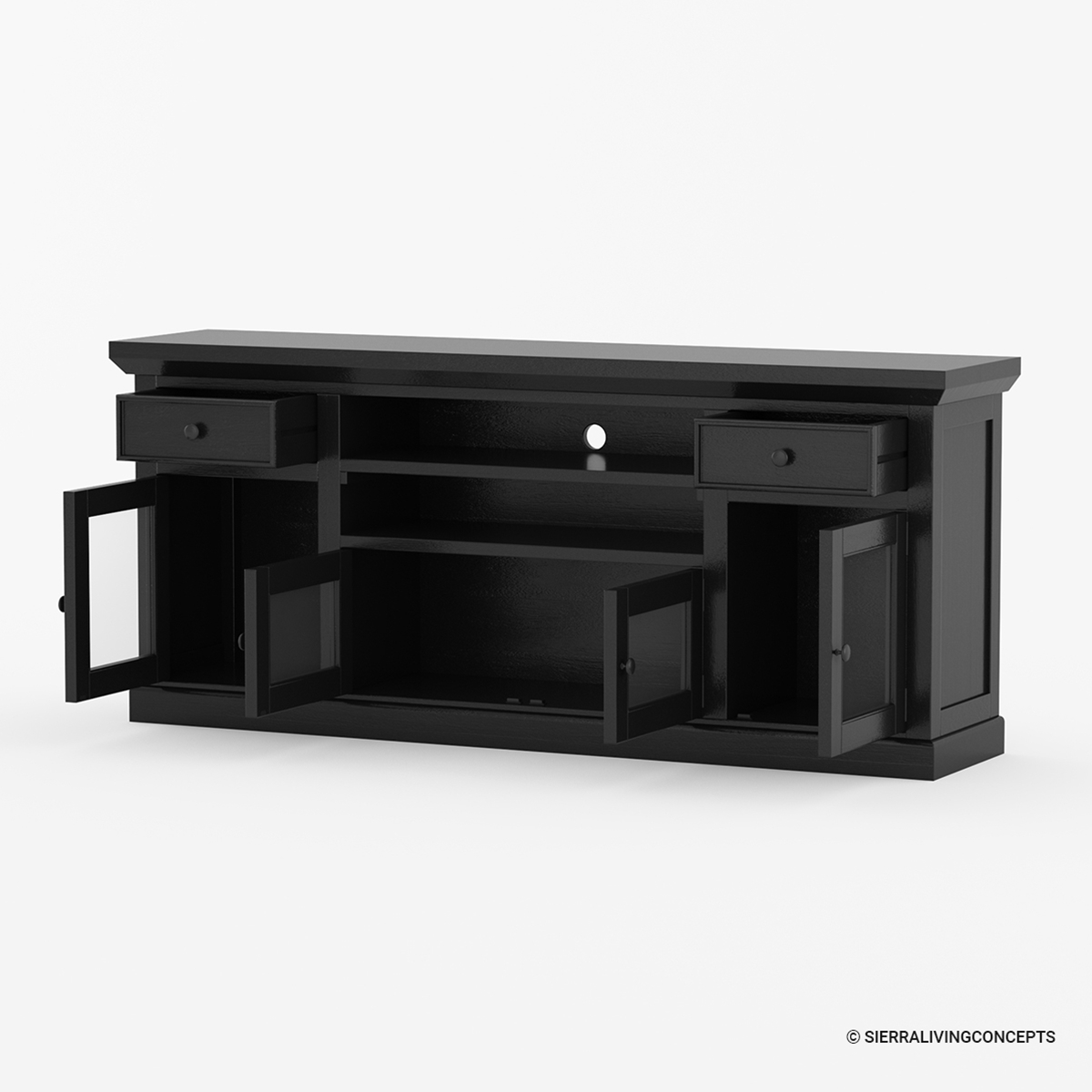 Chariton Rustic Solid Wood Black 72 Inch TV Stand with Glass Doors