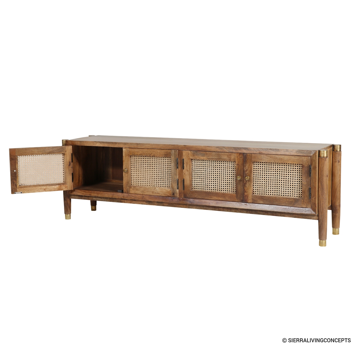 Foxton Rustic Solid Wood 4 Door Rattan Media Cabinet