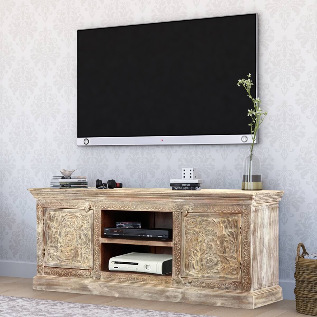 White Hand Carved Tropical Hardwood Media Center Console