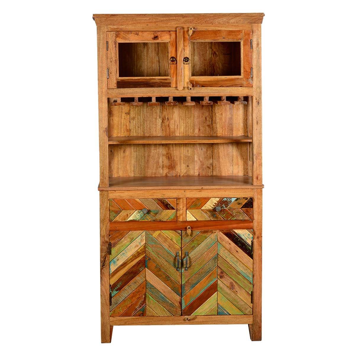 Solid Reclaimed Wood Tall Bar Hutch With Glass Stem Rack