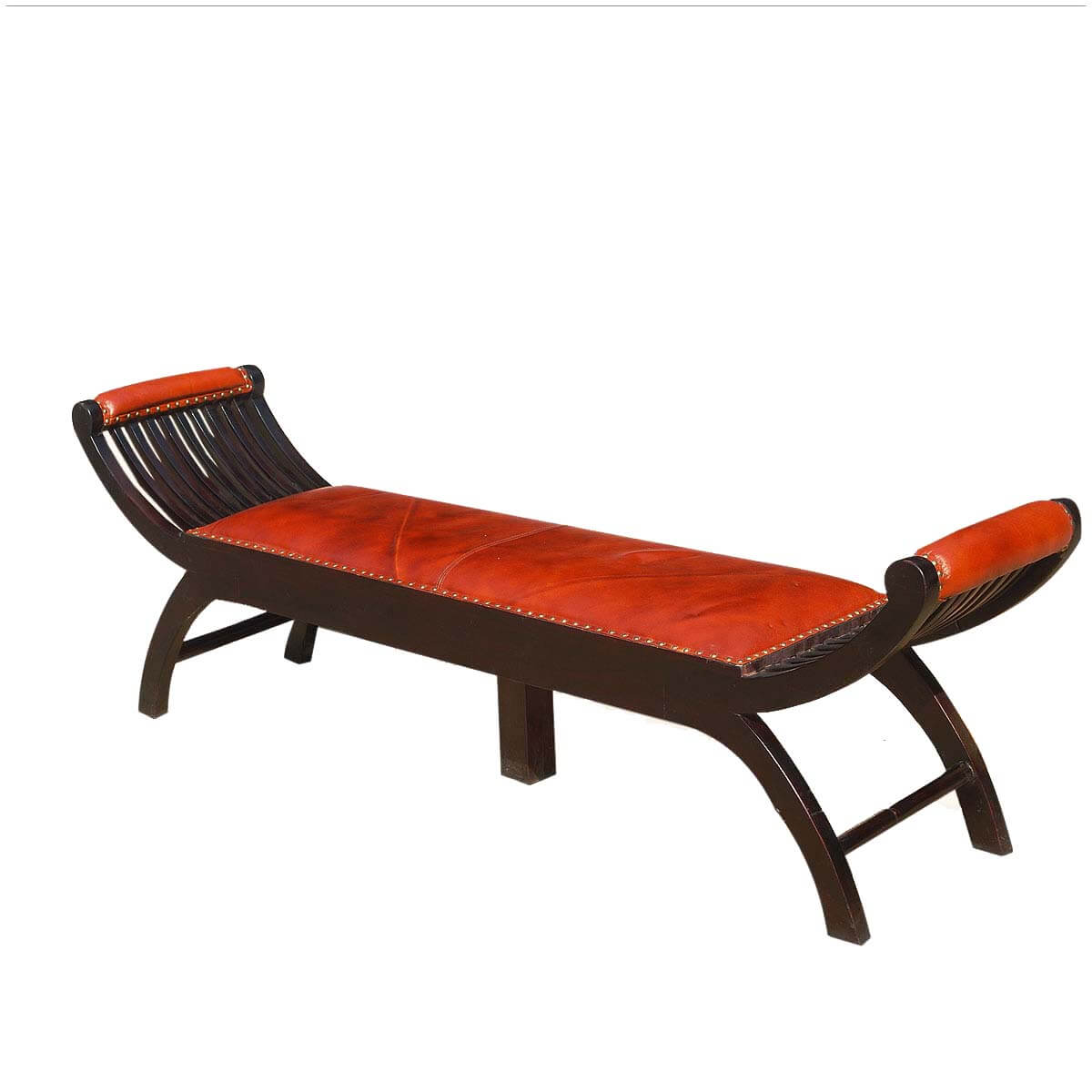 Contemporary Mango Wood & Leather Chaise Lounge Bench
