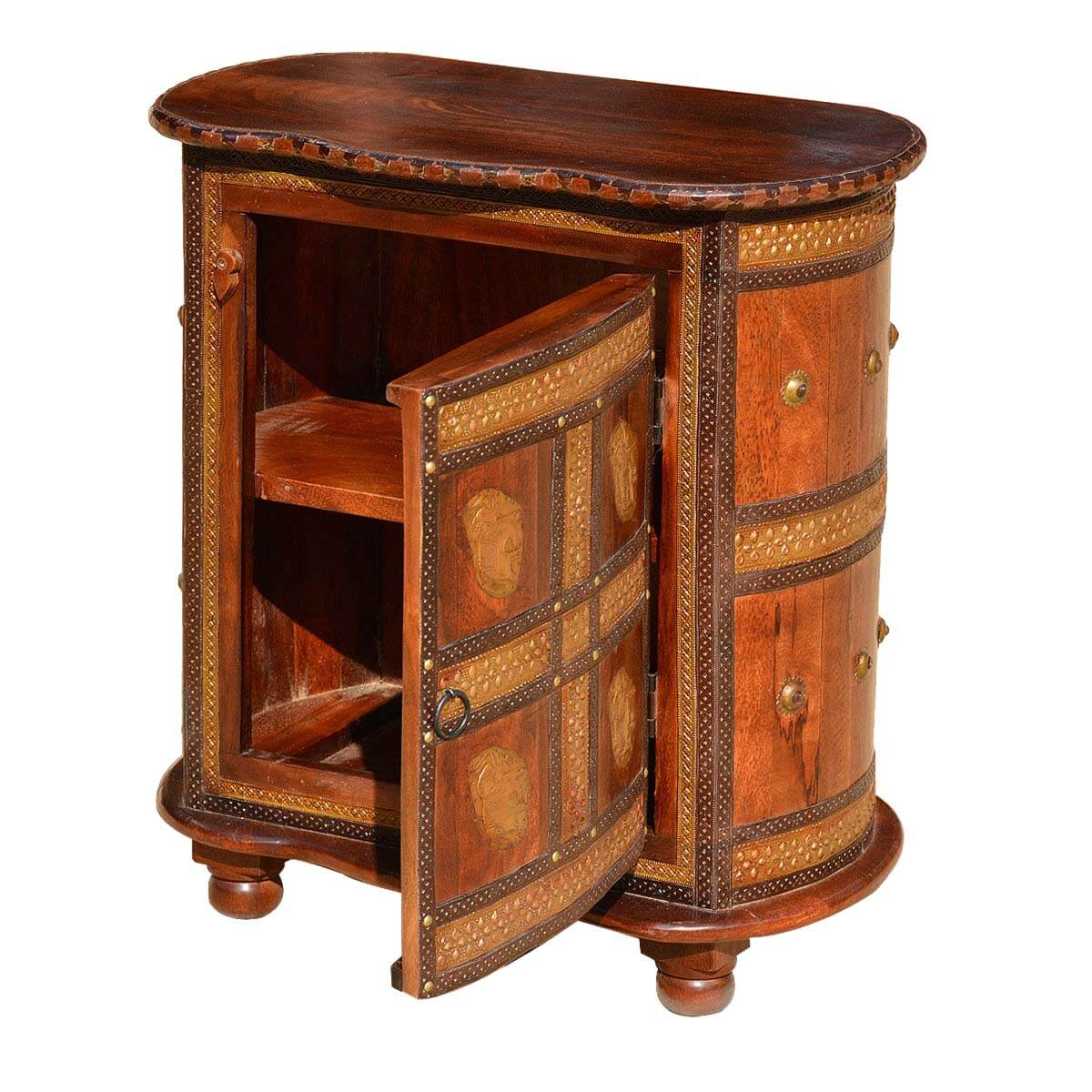 Turkish Brass Inlay Golden Mango Wood Oval Accent Nightstand Cabinet