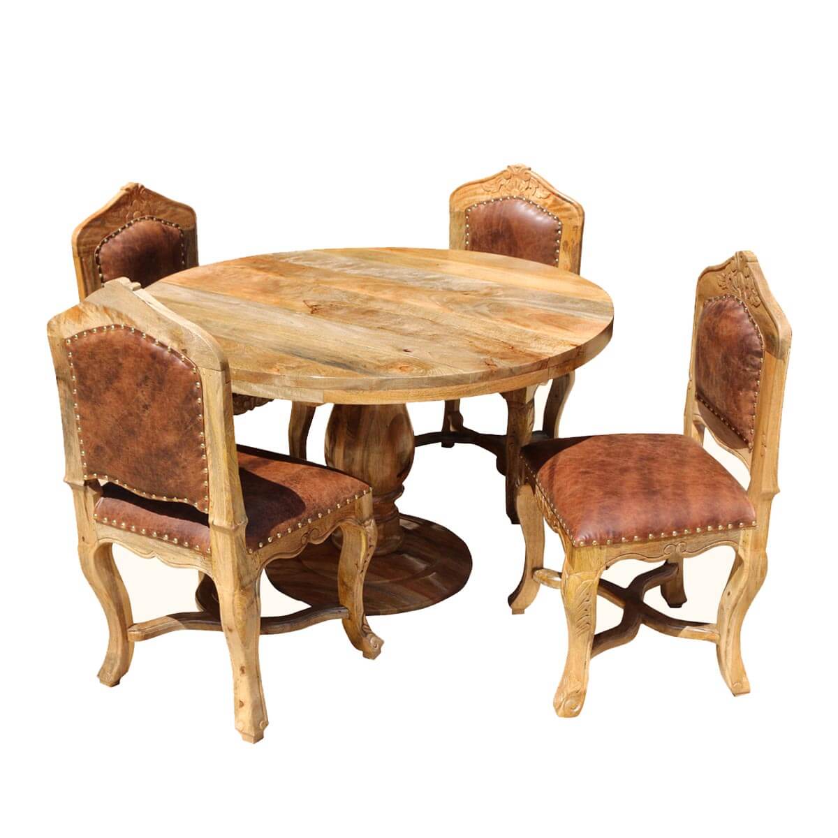 Round Dining Set For 4 Empire Mango Wood With Upholstered