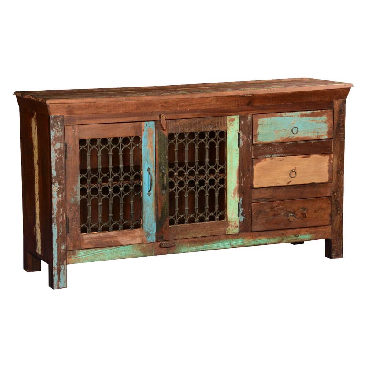 Frontier Reclaimed Wood Iron Grill Door 3 Drawer Sideboard