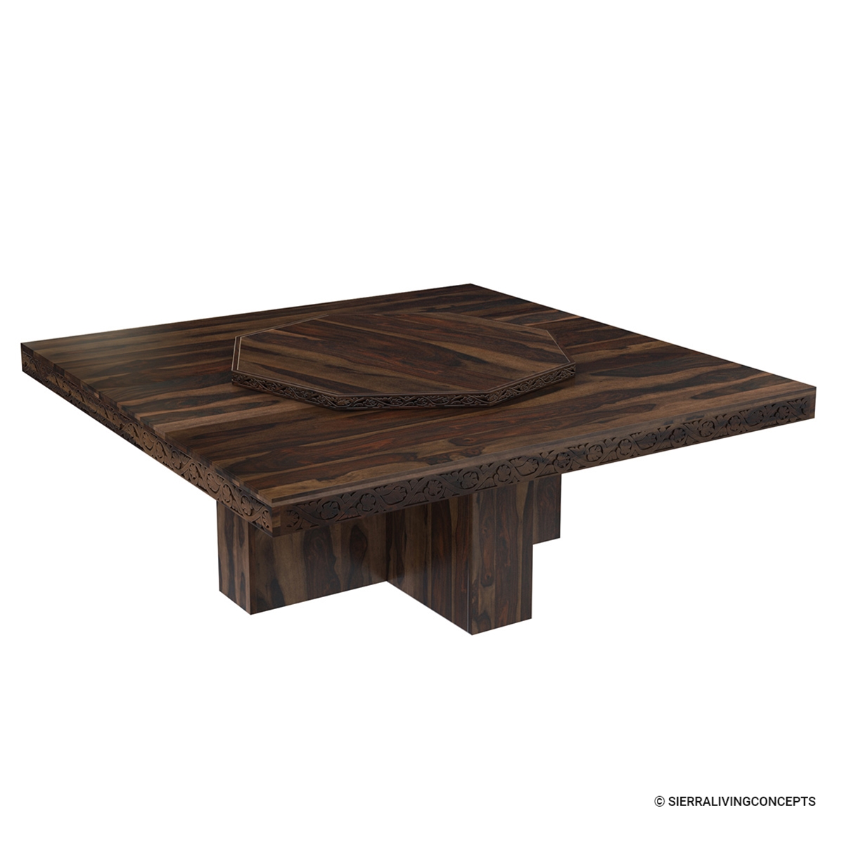 Rustic Solid Wood Large Square Pedestal Dining Table with Lazy Susan