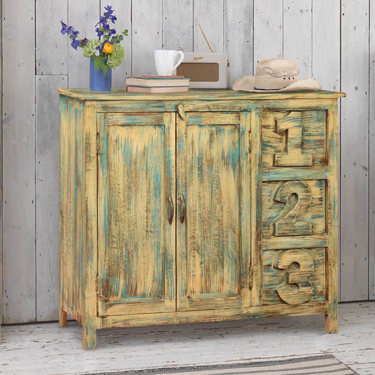 Ephraim Mango Wood Blue Freestanding 3 Drawer Storage Cabinet