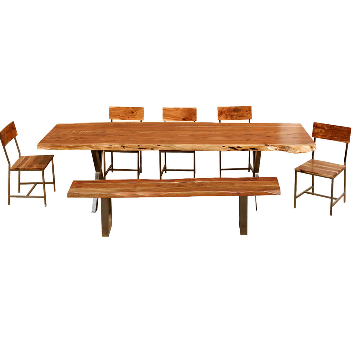 Live Edge Acacia Wood & Iron 106" Dining Table w 5 Chairs & Bench