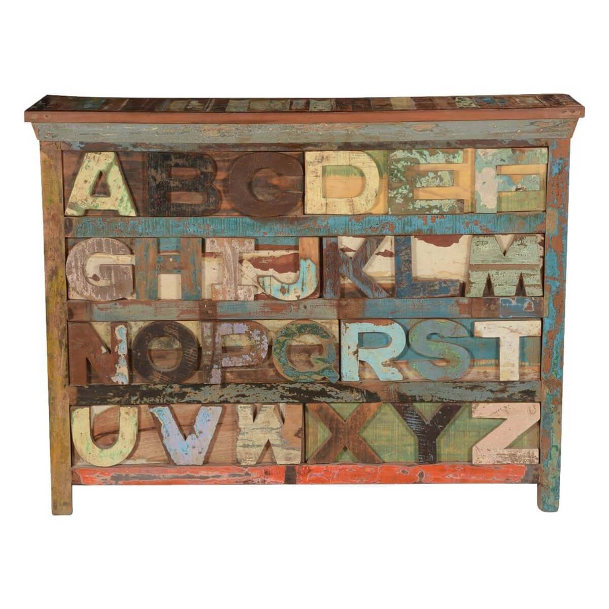 Rustic Alphabet Reclaimed Wood 8 Drawer Double Dresser