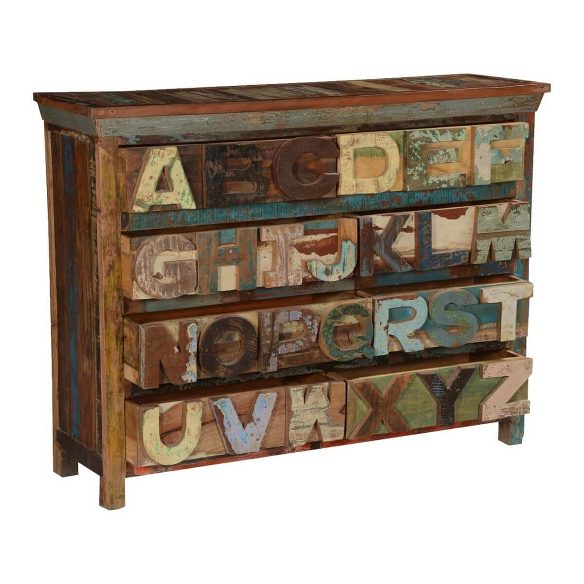 Rustic Alphabet Reclaimed Wood 8 Drawer Double Dresser