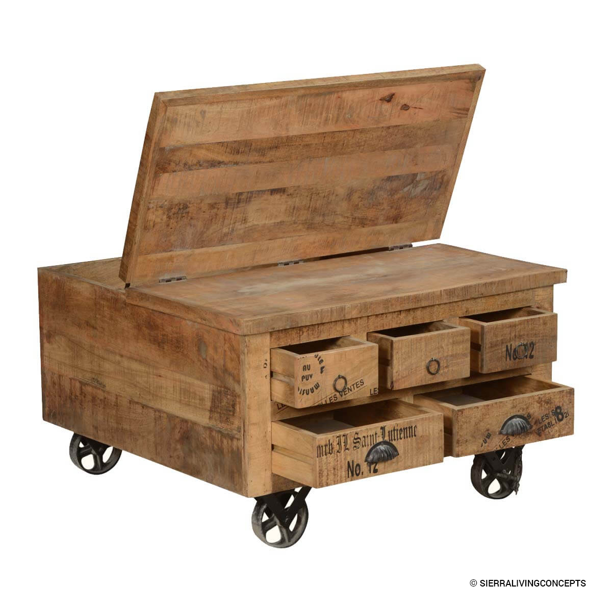 Industrial Style Solid Wood Square Storage Trunk 5 Drawer Coffee Table