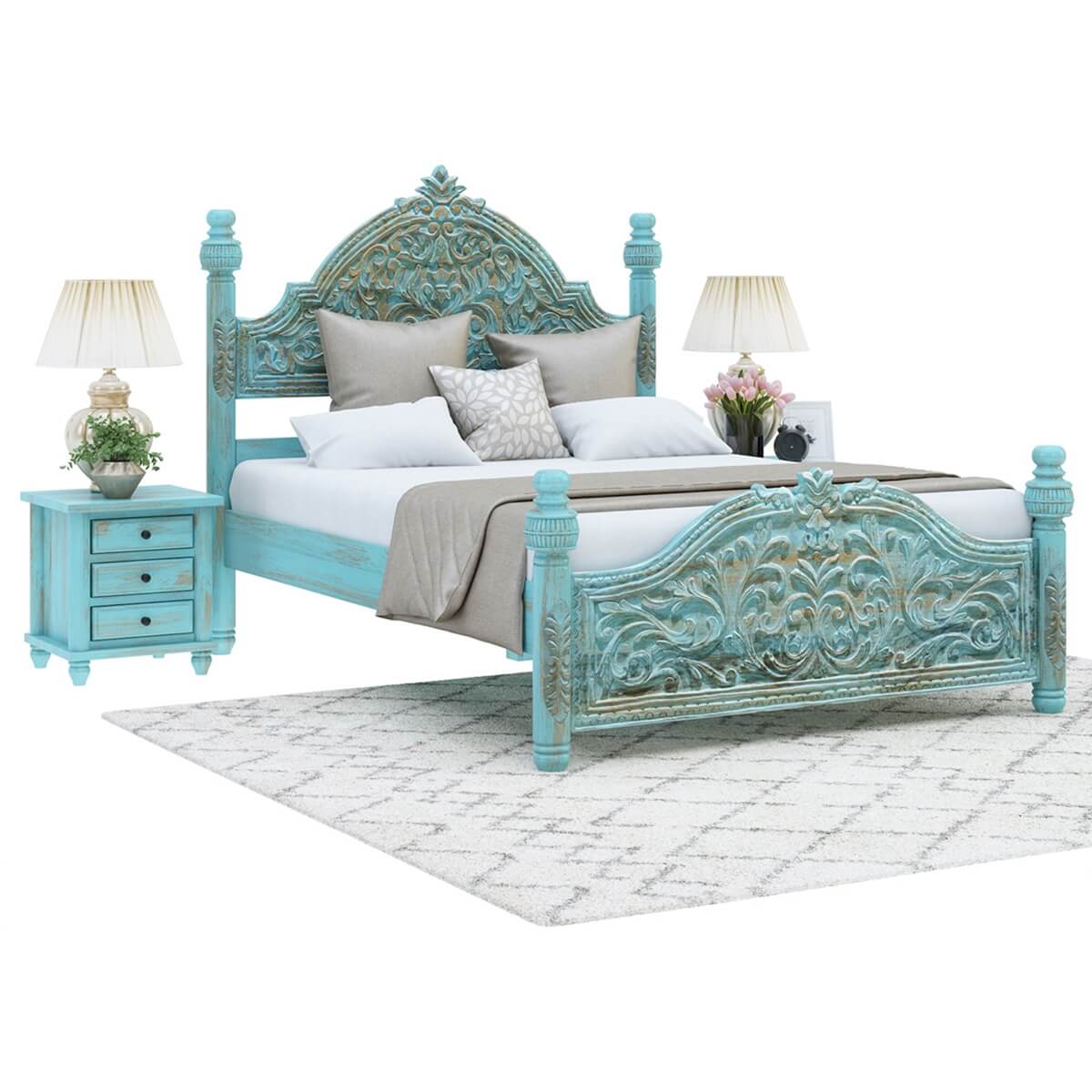 Victorian Winter White Mango Wood Platform Bed Frame w High Headboard