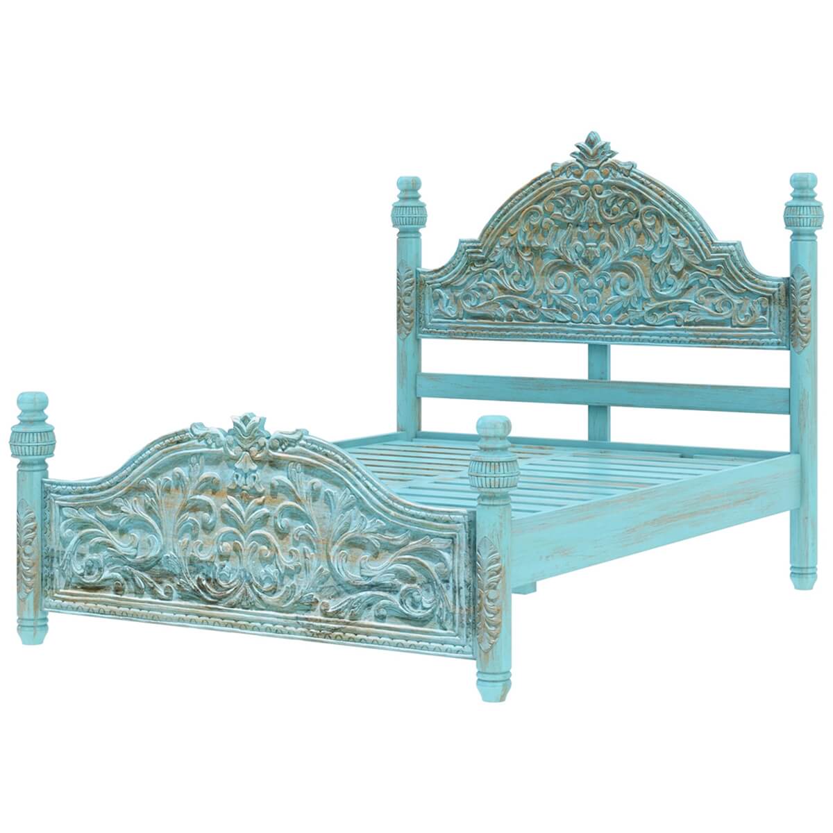 Victorian Winter White Mango Wood Platform Bed Frame w High Headboard