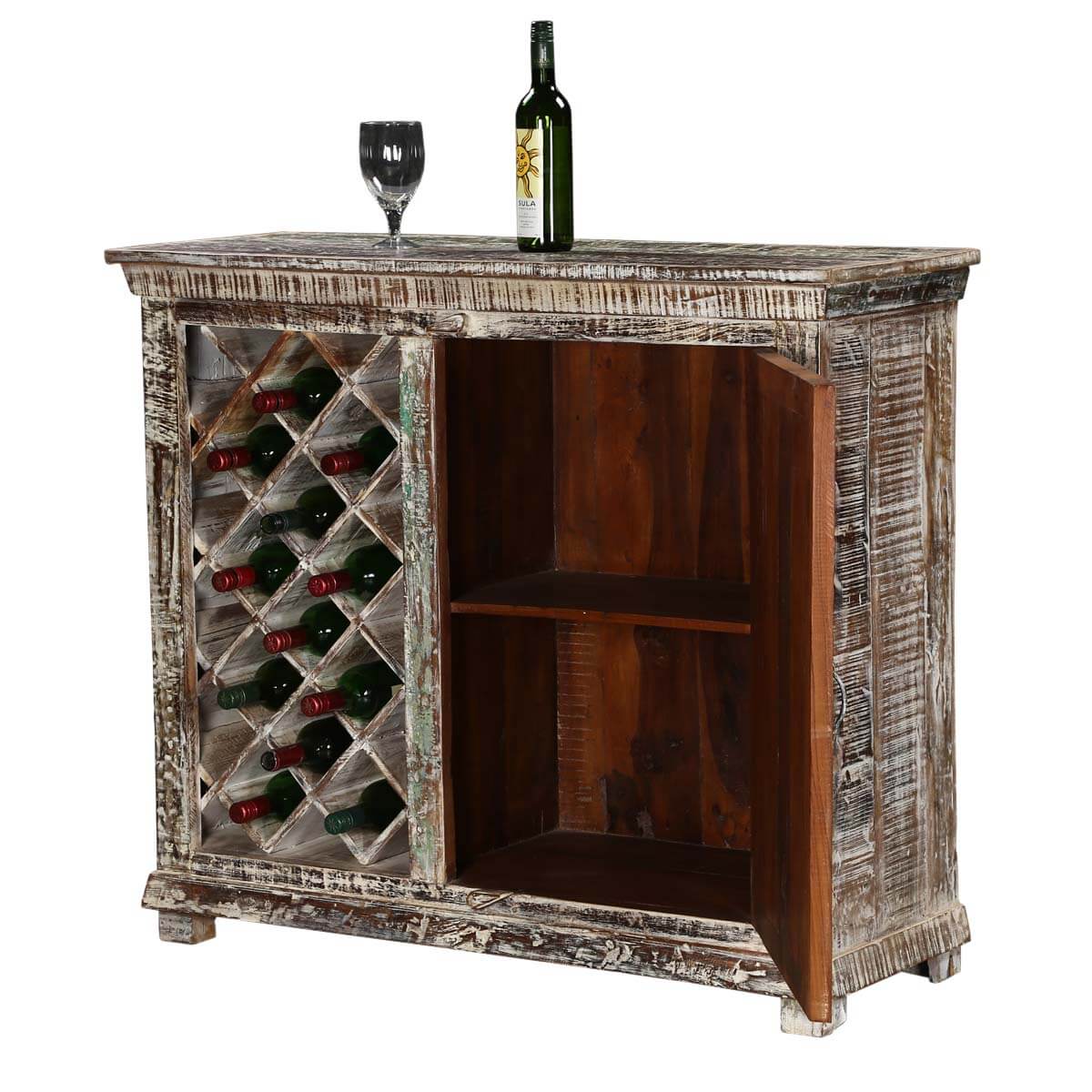 Chartres Distressed Solid Wood Rustic Bar with Wine Storage