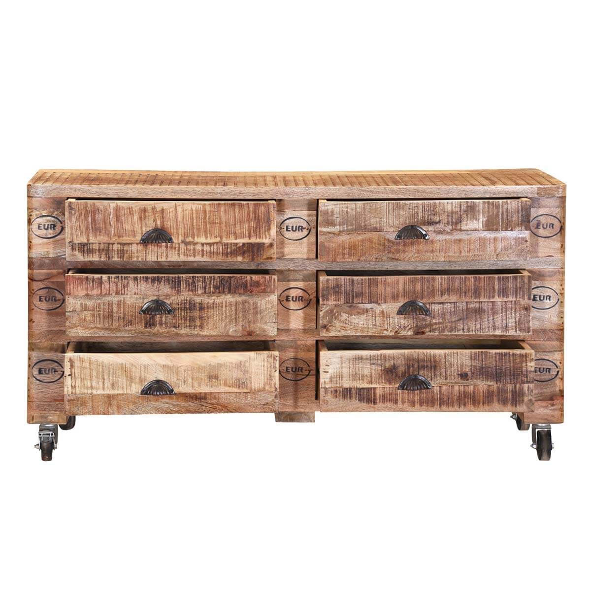 Rustic Industrial Mango Wood Rolling 6 Drawer Double Dresser