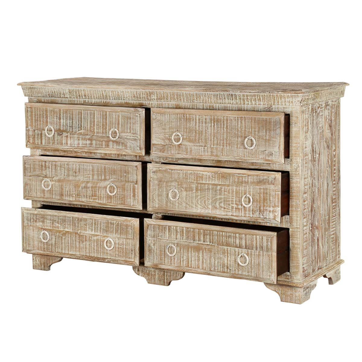 Carolina Distressed Mango Wood White Bedroom Dresser With 6 Drawers