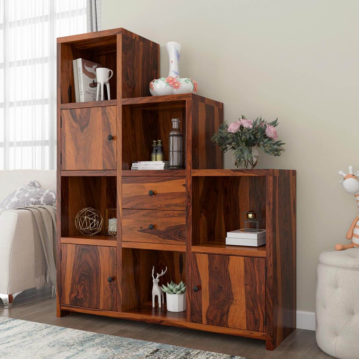 tall thin bookcase with doors