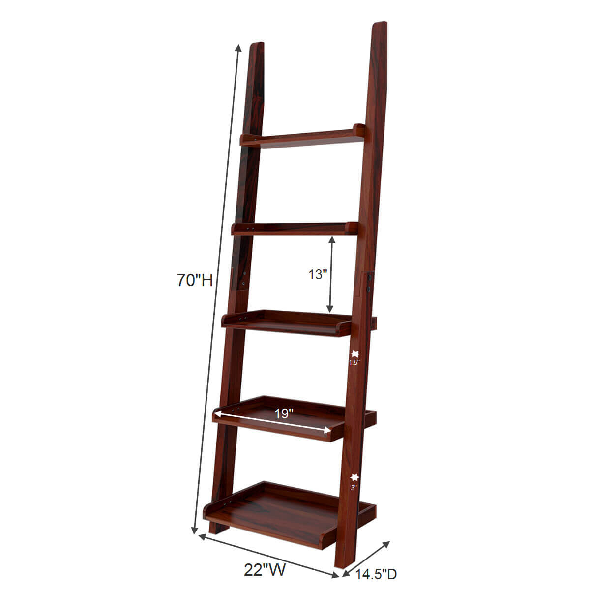 Eclectic Solid Wood 5 Open Shelf Leaning Ladder Bookcase